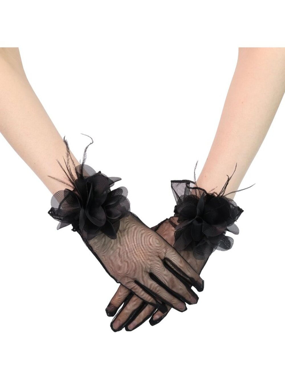 Women's Black 100% Nylon Sheer Floral Wedding Tea Party Short Tulle Glove